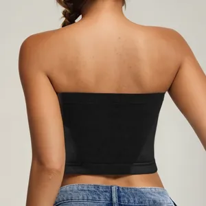 Seamless black strapless bandeau bra for women, back view showing elastic fit and fabric