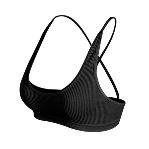 Black ribbed cross-back bralette with thin adjustable straps and U-neckline