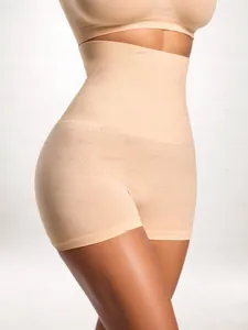 Detail view of seamless high-waist body shaper with honeycomb mesh breathable fabric