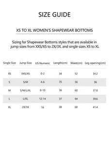 Detailed size guide table for high waist shapewear shorts from size XS to XL