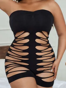 Close-up of black hollow-out bodysuit with seamless mesh and body-hugging elastic knit