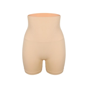 Close-up of high-waist seamless body shaping panties in skin tone with ribbed texture