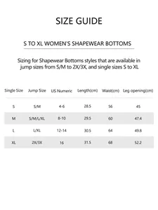 Detailed size guide for women's high-waist tummy control shapewear with US measurements