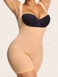 Close-up of nude seamless bodysuit with vertical rib texture and high waist control