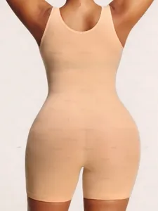 Detail of nude compression bodysuit showing U-shaped back and seamless shaping fabric