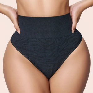 High-waisted tummy control thong with black zebra pattern jacquard for women