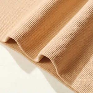Beige high waisted ribbed cotton panties for women with seamless knitted texture