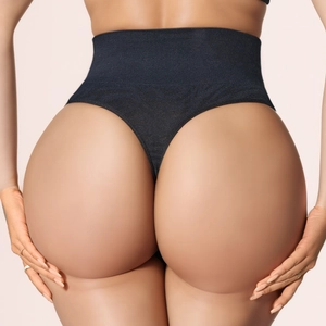 Women's black high-waist slimming thong with tummy control and butt-lifting effect