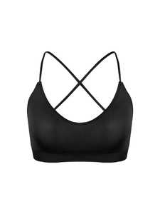 Détail de la brassière de sport noire avec texture côtelée, fines bretelles croisées et dos nu
