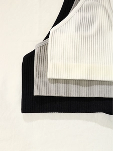 Detailed macro view showing the textured rib knit fabric of three layered seamless crop tops