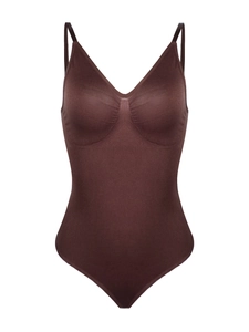 Detailed view of seamless dark brown bodysuit with adjustable straps and ribbed texture