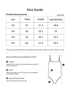 Detailed size guide for seamless backless bodysuit for teen girls ages 13-16 years old