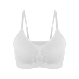 Detailed view of white seamless sports bra featuring adjustable thin straps and ruched front