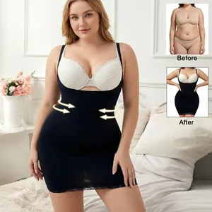 Women Plus Size Shapewear Slip Dress Tummy Control Seamless Body Shaper With Lace Trim Open Bust Lifting Tight Dress