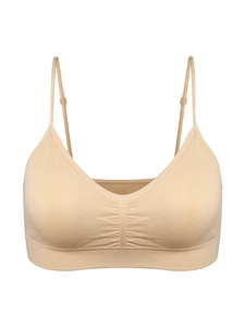Detail view of seamless beige bris with adjustable straps and vertical ruched texture
