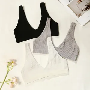 Seamless Ribbed Sports Bra For Teen Girls French Deep V Wireless Bralette Yoga Sleep Underwear Breathable Comfort Bra Top