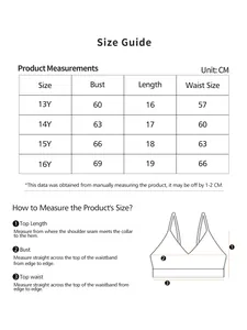 Detailed size guide for solid wireless bralette with measurements for ages 13 to 16 years