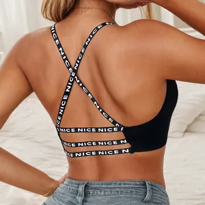 Women Nylon Sports Bra Letter Print Strap Criss-Cross Back Wireless Seamless Breathable Bralette For Gym Yoga Running Activewear Top