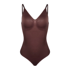 Seamless ribbed deep brown bodysuit for girls featuring V-neck and adjustable straps