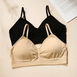 Women's Seamless Wireless Bra Adjustable Straps Thin Padded Bralette Solid Color Ribbed Hem Comfortable Camisole Top