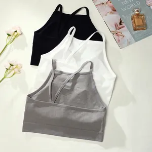 Camisole Nervurée pour Femmes Filles Brassière de Sport Sans Armature Avec Coussinets Amovibles Dos Croisé Débardeur Sans Couture