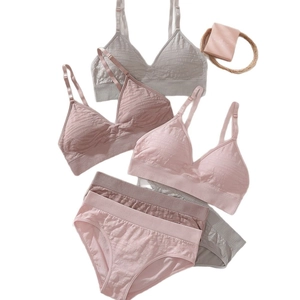 Dreiteiliges nahtloses Ripp-Lingerie-Set in Grau Rosa und Mauve mit weichen Körbchen