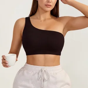 Reggiseno Sportivo da Donna Taglie Forti Monospalla a Costine Senza Cuciture Sexy Crop Top Asimmetrico Canotta Elasticizzata Yoga