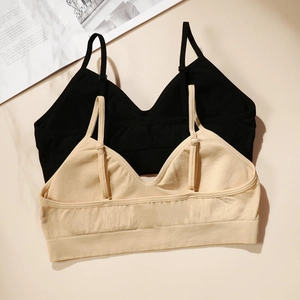 Seamless wire-free bras in black and beige with adjustable straps and soft padding