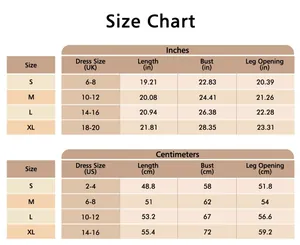 Tableau des tailles détaillé pour body sexy ajouré en pouces et centimètres (S à XL)