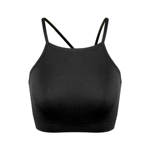 Brassière de sport noire côtelée pour femmes avec dos croisé et design sans coutures