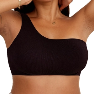 Top corto monospalla nero a costine con trama senza cuciture ed elastica da donna