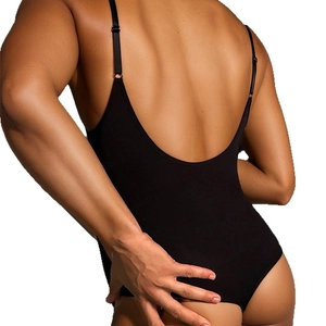 Body noir sexy dos nu avec fines bretelles réglables et coupe string échancrée