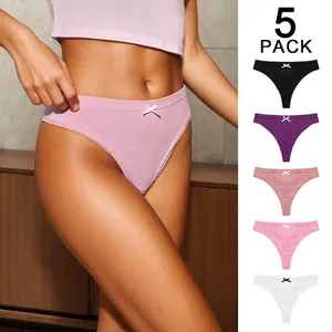 Women Seamless Thong Underwear Nylon Cotton Crotch Low Waist Sexy Bow Lace Trim Breathable Multicolor Lingerie Panties