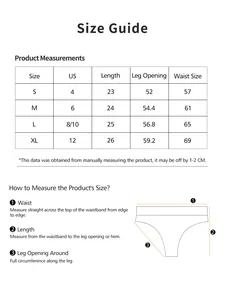 Size chart guide for high stretch seamless thong showing S to XL waist and length details