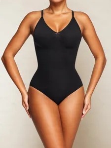 Close-up of black seamless bodysuit with deep V-neck and high-elastic shaping texture