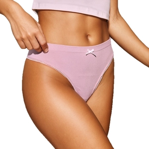 Lavender ribbed cotton thong for women with pink bow detail and white lace trim