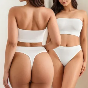 Lingerie Sans Couture Blanche Grande Taille pour Femmes Tube Top Et Culotte Échancrée Nylon Respirant Côtelé Minimaliste