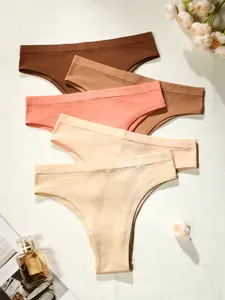 Detail showing five seamless ribbed thong underwear in various earth-tone colors