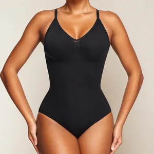 Seamless black V-neck bodysuit shaper with slim straps for tummy control and smooth fit