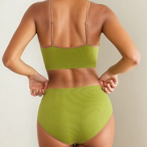 Grass green ribbed lingerie set featuring a soft backless bralette and high waist panties