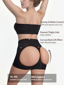 Detail view of high-waisted tummy control panties with seamless cut-out butt lifting design