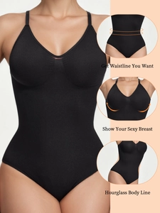 Detail view of seamless shaping bodysuit with slimming waist and chest lift features