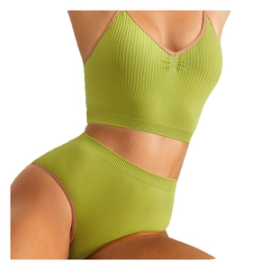Green ribbed knit lingerie set featuring V-neck crop top with contrast trim and high waist briefs