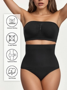Detailed view of black seamless shapewear set with ribbed fabric and moisture wicking features
