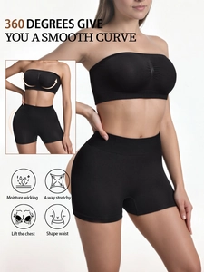 Detail view of seamless high-waist body shaping set with tummy control and moisture wicking