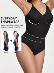 Detail showing slimming effect of black seamless bodysuit with before and after comparison