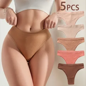 Women Seamless Ribbed Knit Thongs Sexy Mid Waist Invisible Cotton Crotch T-Back Underwear Soft Breathable Sporty Panties