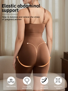 Rear view of brown maternity bodysuit showing high-elastic back support and butt lifting