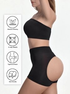 Detail of high-stretch seamless shapewear set with tummy control and butt lifting icons