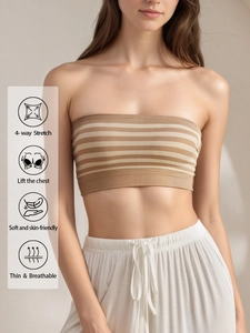 Brown striped bandeau bra with 4-way stretch fabric and thin breathable material